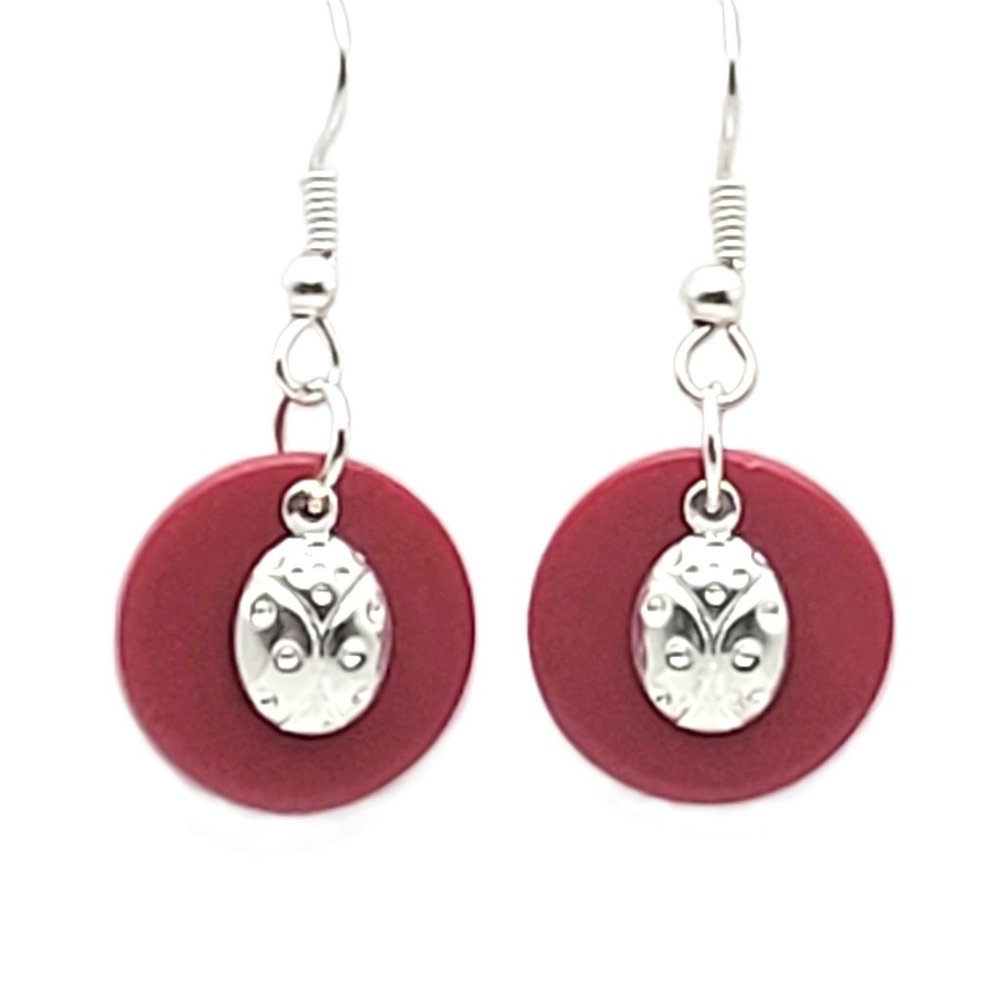 Red with Silver Ladybug Charms - Dangle Earrings - Handmade